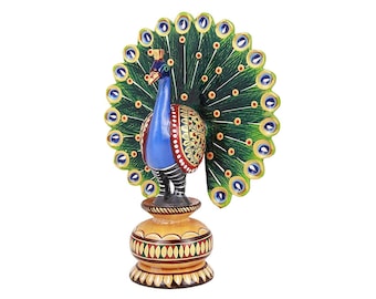 Wooden Dancing Peacock Showpiece, Colourful Painted Peacock, National Bird Peacock Statue, Home Decor, Handmade Statue, Birthday Anniversary