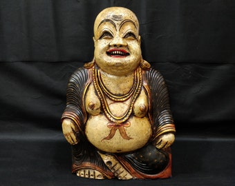 Laughing buddha, Fengshui Wooden Buddha, Hand Carved Smiling Sitting Sculpture Handmade Figurine Home Decor Handcrafted Wood Art Decoration