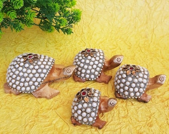 Steinschildkröte als Glücksbringer, 4 Stück, Holzschildkröte, Glücksbringer, Schildkröte aus Holz schnitzen, Schildkrötenstatue, Schildkrötenschnitzen, Geschenkidee