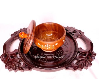 Wooden Serving Tray with Bowl, Rosewood tray, Circular tray, Handcrafted Tray and Bowl set, Wooden Bowl, Lid Bowl, Sheesham bowl, Gifting