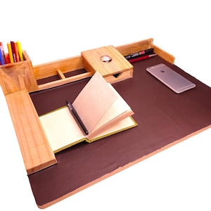 Bureau-organizerset, houten kantoorset, bureauset met klok, tafelorganizer voor kantoor, opbergbureau kantoor, kaarthouder, pennenhouder