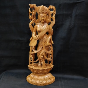 Wooden Goddess Saraswati, Wooden God Statues, Saraswati statue, Fine arts, Hindu goddess of Arts, Music, Knowledge & Wisdom, Religious Gifts