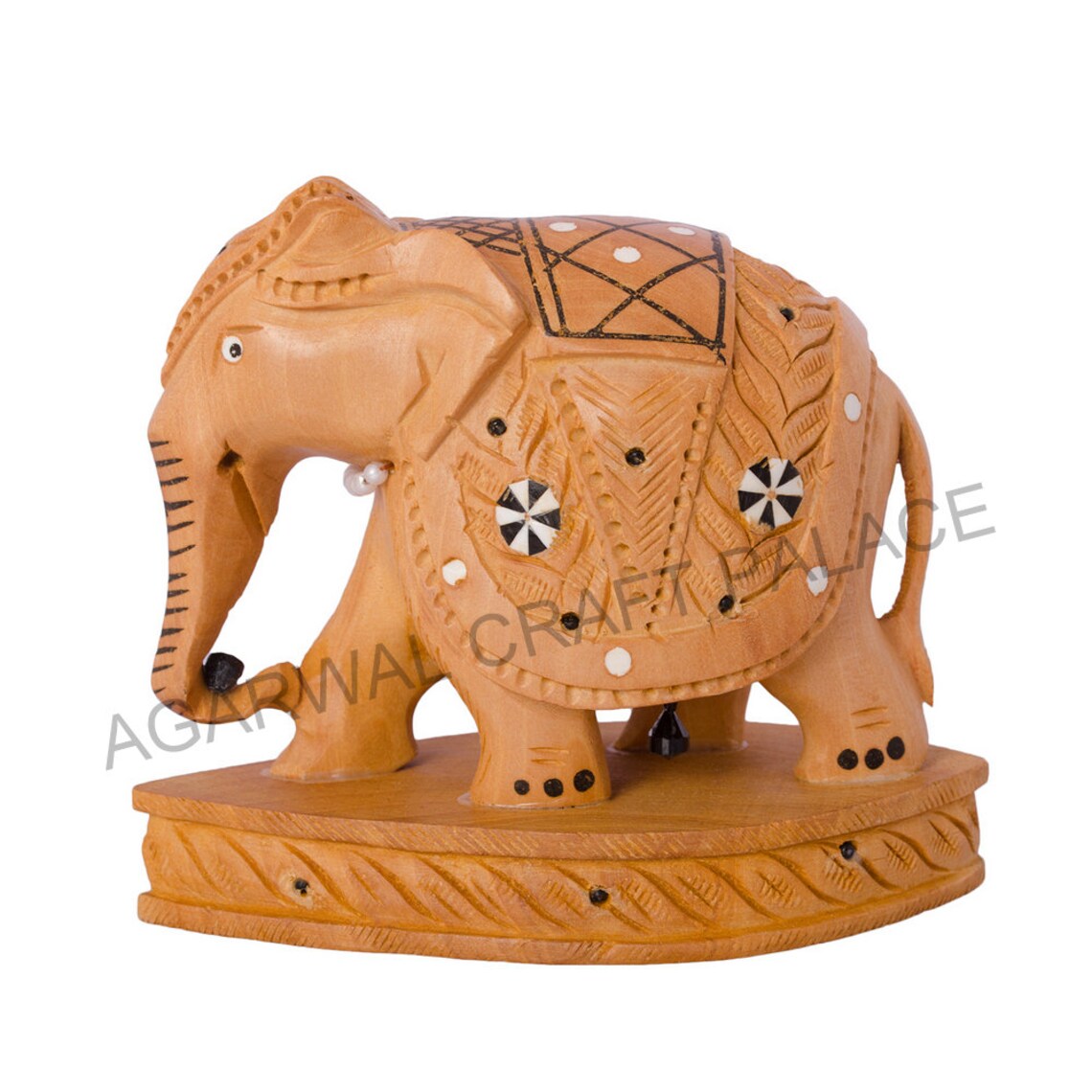 Handmade Wooden Elephant, White Inlay Elephant, Wooden Animal Statue, Handcarved Trunk Down