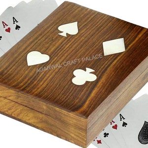 Caixa de cartas de baralho de madeira Sheesham para 2 baralhos, caixa de cartas com incrustação de diamante Spade Heart Club, caixa de cartas de baralho de cassino, presente de aniversário, caixa de cartas de pôquer