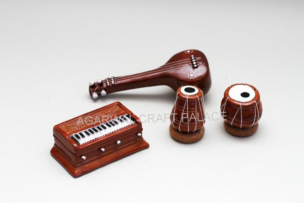Musical Instruments Terracotta Clay Miniature Musical Instrument Set Handmade Musician Set Showpiece Tabla Sitar Dholak and Harmonium Set Etsy