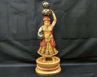 18" Vintage wooden Panihari , Village women with pot , Home Decorative Sculptures Figurines , Handmade , Handpainted , Indian Village girl