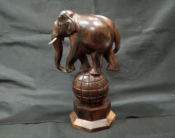 Elephant Statue, Rosewood Elephant, Elephant dancing on ball, circus elephant, Decorative wooden Sculptures, Ancient Wooden Art, Gift ideas