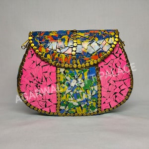 Bolso de mosaico de metal, bolso de piedra, clutch étnico, bolso antiguo indio, clutch de fiesta, bolso de mujer, multicolor, bandolera, bandolera