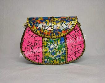 Bolso de mano de metal con mosaico de piedra hecho a mano / Bolso bandolera multicolor Regalo para fiestas étnicas