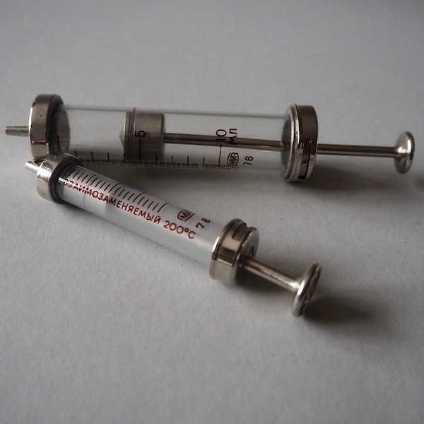 Set of 2 Glass syringe 10 ml Vintage syringe 2 ml  with needle New syringe with box Nurse syringe Medical instrument Antique Doctor Tool