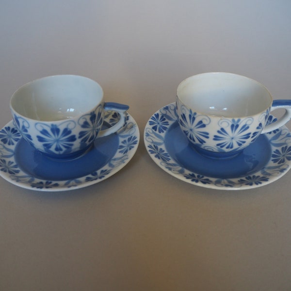 Set of 2 Sinikka Finnish Vintage Hand Painted Coffee Cups and Saucers Sinikka,Blue Porcelain Cups, Finnish Design Nordic Design,1950s design