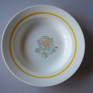 May include: A white ceramic bowl with a yellow rim and a floral design in shades of green, orange, and brown.