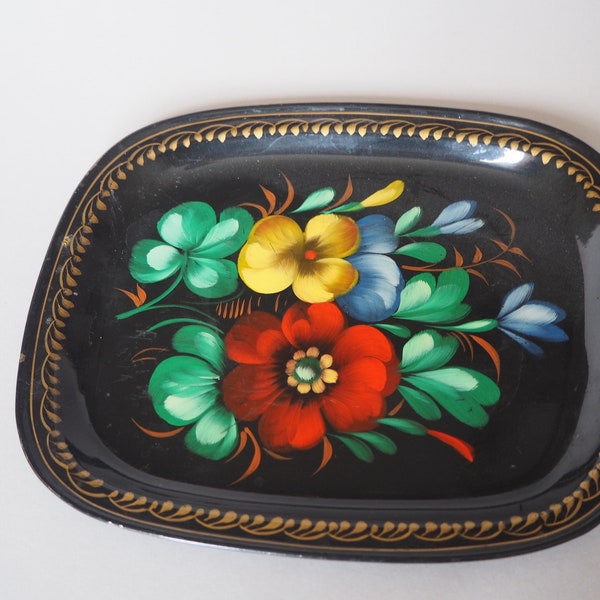 Black Floral Zhostovo Tray,vintage USSR Tray,vintage Russian tray with painting,decorative plate