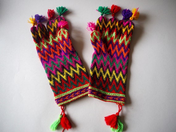Vintage 90s Hand Stitched Vibrant Colour Gloves C… - image 1