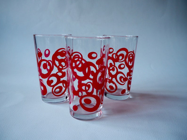Three Vintage Drinking Glasses with Red Geometric Pattern  Sovie