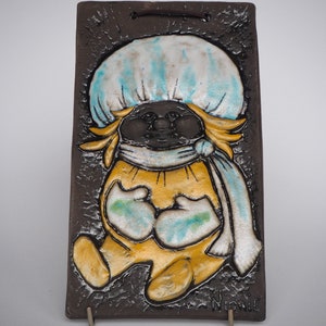 Vintage Swedish Ceramics Wall Plaque by Ninnie Sweden Brown Yellow Blue Wall Picture Ceramic Wall Hanging