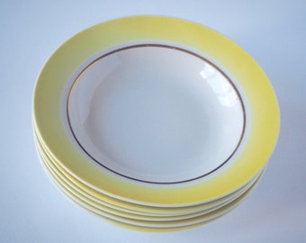 Set of 2  Vintage Yellow Rim Soup or Pasta Bowls Tableware Novgorod Porcelain Factory USSR era Vintage items 1970s Ceramic Soup Plates