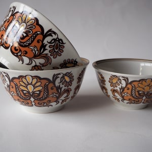 Set of 3 Porcelain Vintage Dessert bowls Tea Pialas with Brown & Gold Ornament Decoration  Retro Kitchen Decor Collectible 1970s vintage