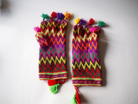 Vintage 90s Hand Stitched Vibrant Colour Gloves C… - image 3