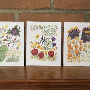 May include: Three botanical prints featuring different desert flowers. The first print shows a prickly pear cactus with yellow flowers and a purple flower. The second print shows a white flower with yellow flowers and red flowers. The third print shows a cluster of orange flowers with white flowers.
