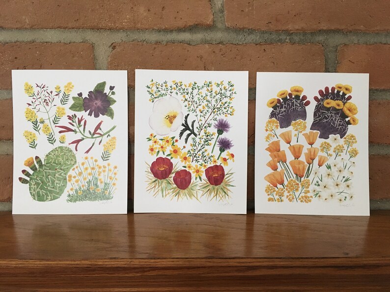 May include: Three botanical prints featuring different desert flowers. The first print shows a prickly pear cactus with yellow flowers and a purple flower. The second print shows a white flower with yellow flowers and red flowers. The third print shows a cluster of orange flowers with white flowers.