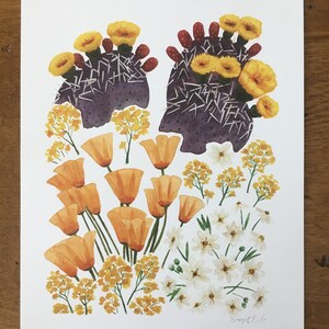 May include: A watercolor painting of a floral arrangement featuring yellow and orange flowers, white flowers, and purple cactus with yellow flowers. The painting is signed "Sept 7, 16".