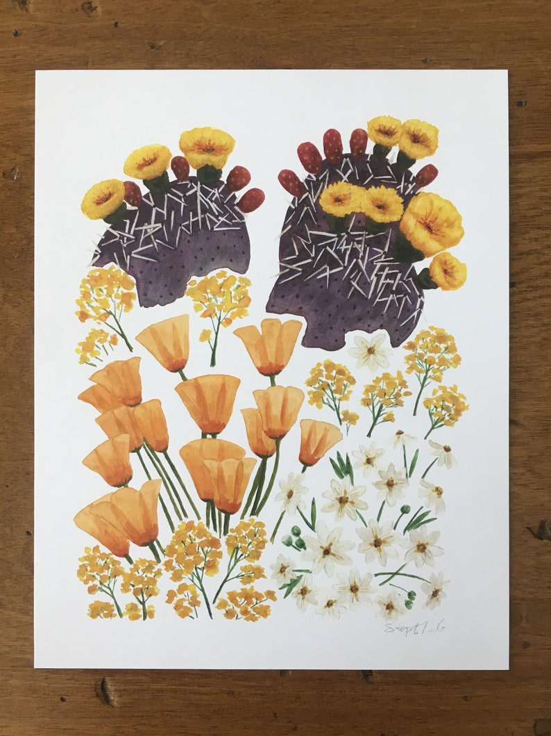 May include: A watercolor painting of a floral arrangement featuring yellow and orange flowers, white flowers, and purple cactus with yellow flowers. The painting is signed "Sept 7, 16".