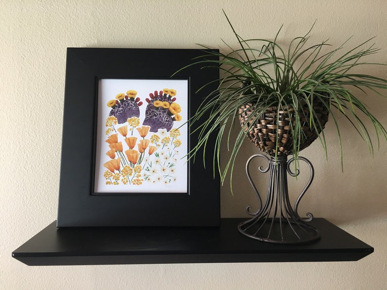 May include: A framed print of a botanical illustration featuring a cluster of orange and yellow California poppies with purple and green foliage. The print is displayed on a black shelf with a green plant in a wicker basket.