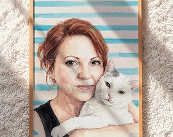 Custom Pet and Owner Watercolor Portrait, Personalized Pet Lover Art (Digital Download)