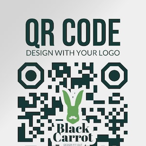 May include: A QR code design with the text "QR CODE DESIGN WITH YOUR LOGO" in dark green. The QR code includes a green rabbit logo with the text "Black Carrot DESIGN FIT-OUT". The background is a gradient of white to light gray.