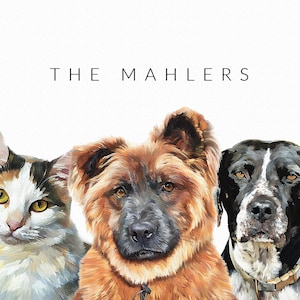 K&ouml;nnte beinhalten: Ein Gem&auml;lde von drei Haustieren: einer braunen und wei&szlig;en Katze, einem braunen und schwarzen Hund und einem schwarzen und wei&szlig;en Hund. Der Text "THE MAHLERS" befindet sich oben im Bild.