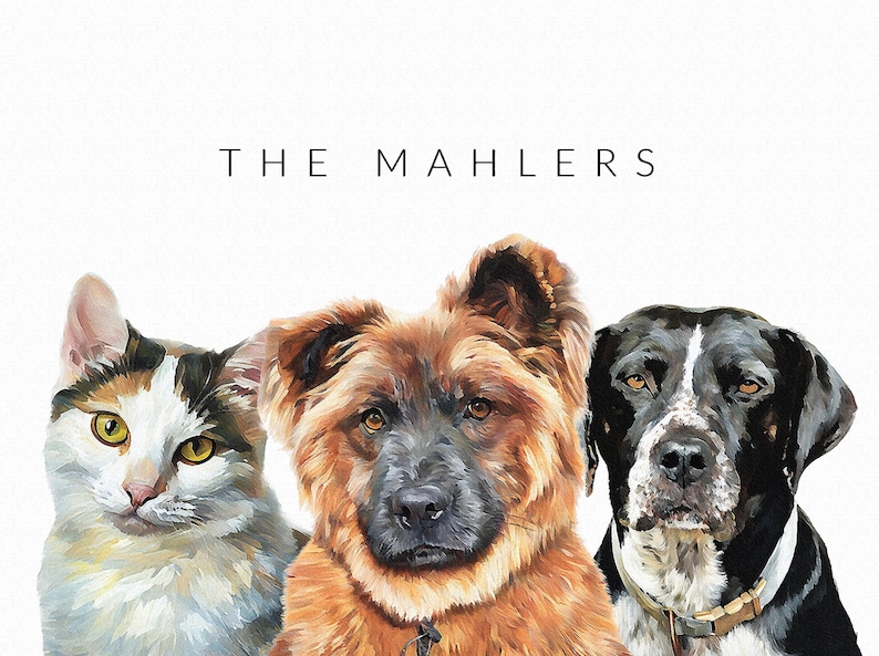 K&ouml;nnte beinhalten: Ein Gem&auml;lde von drei Haustieren: einer braunen und wei&szlig;en Katze, einem braunen und schwarzen Hund und einem schwarzen und wei&szlig;en Hund. Der Text "THE MAHLERS" befindet sich oben im Bild.