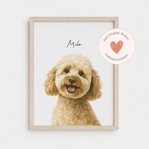 May include: A framed portrait of a light brown curly-haired dog with the name Milo printed above it. A circular badge in the top right corner features a red heart and the text Fast. Crafted. Perfect. Unlimited revisions. The frame is light wood.