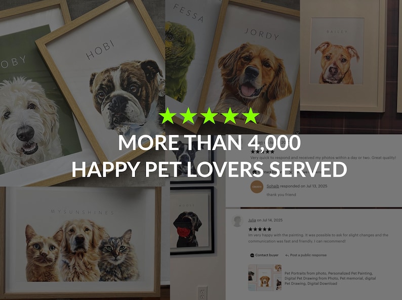 Happy customer photo with custom pet portrait – 5-star Etsy review