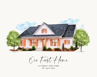 Custom watercolor House Portrait, New Home Print Gift, Housewarming Gift, House Sketch, Our First Home, House Portrait From Photo.