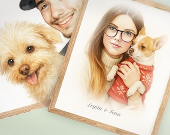 Personalized memorial portraits of pet and human, Pet and human Portraits, Personalized Pet Lovers Portraits, Digital Download