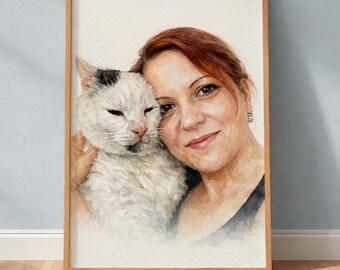 Custom Pet and Couple Watercolor Portrait: Personalized Family Illustration (Digital Download)