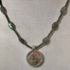 Raku orca pendant and faceted labradorite beaded necklace