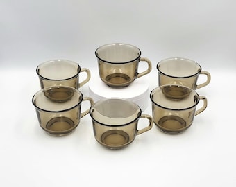 Set of 6 Arcoroc France Smoky Glass Coffee or Tea Cups – Vintage 1970s – 1980s Mid Century Modern Glassware