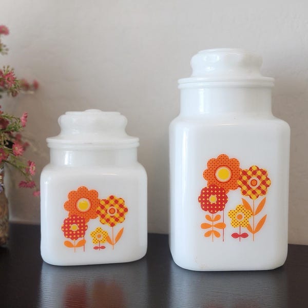 Vintage Jeannette Milk Glass Canisters - 1 Large 1 Small Set - Red Orange Yellow Flowers
