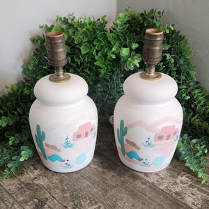 Pair of Vintage 1980s Southwestern Table Lamps – Hand-Painted Desert Scene - One has a Chip in the Base (See Pics) - Free Shipping!