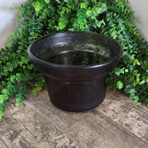 May include: A dark purple glass planter with a wide, open top. The planter has a simple, rounded design and sits on a wooden surface. Green foliage is visible in the background, adding a natural element to the scene.