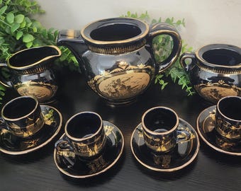 Vintage Greek Black & 24K Gold Coffee or Tea Set – 11 Piece Sparthas Keramik SK