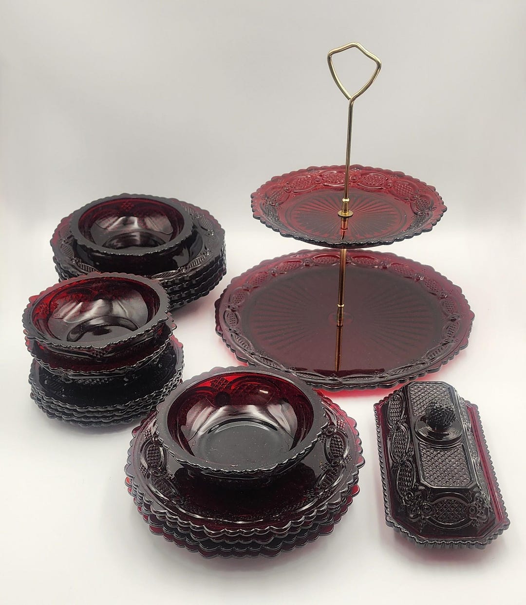 Vintage Avon Cape Cod Ruby Red Glassware – Salad Bowls, Plates, Tiered ...