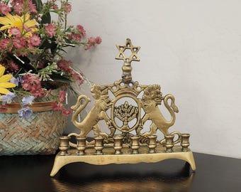 Antique Brass Lion of Judah Hanukkah Menorah