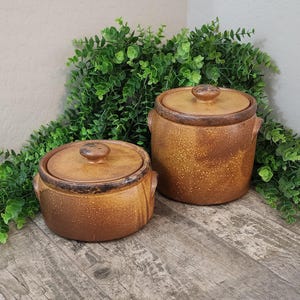 May include: Two brown ceramic canisters with lids and side handles. The canisters feature a speckled, textured finish with darker brown rims and circular knobs on the lids. One canister is shorter and wider, while the other is taller and cylindrical.