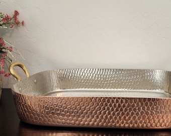 Vintage Hammered Copper & Brass Roasting Lasagna Pan – Tin Lined – Made in Korea