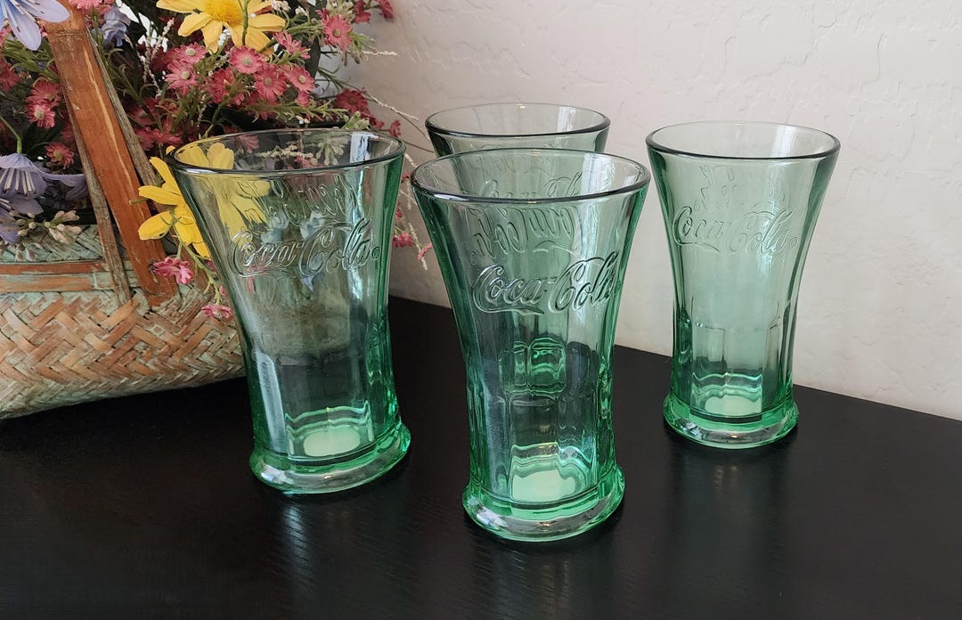 4 Vintage Libbey Coca Cola Glasses – 16 Oz Embossed Green Coke Tumblers ...