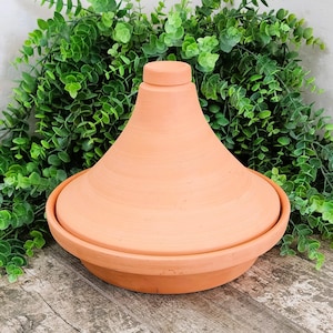 May include: A terracotta tagine featuring a wide, circular base and a tall, conical lid with a small knob handle at the top. The cooking vessel has a smooth, matte finish in a light orange-brown clay color, showcasing a traditional design.