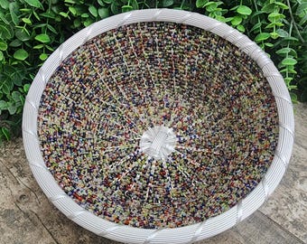 Vintage Bohemian Woven Wire and Bead Basket Bowl Lightweight Aluminum